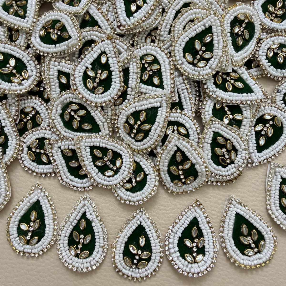 Green Teardrop Beaded Patch – Crystal Leaf Motif