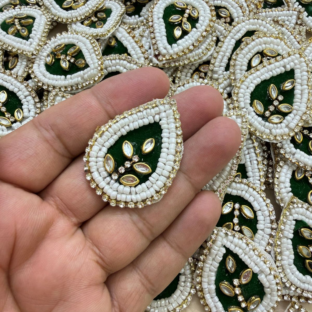 Green Teardrop Beaded Patch – Crystal Leaf Motif