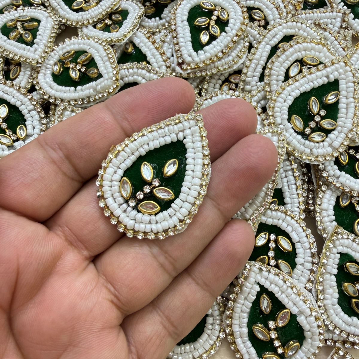 Green Teardrop Beaded Patch – Crystal Leaf Motif