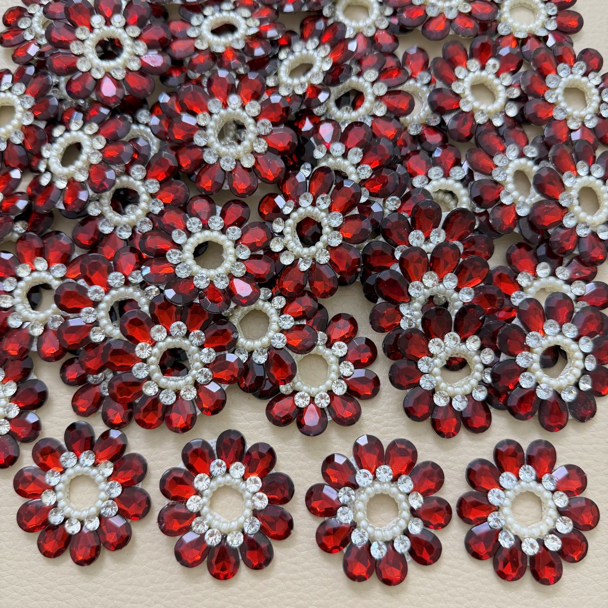 Red Crystal Flower Patch with Pearl Cut-Out Centre