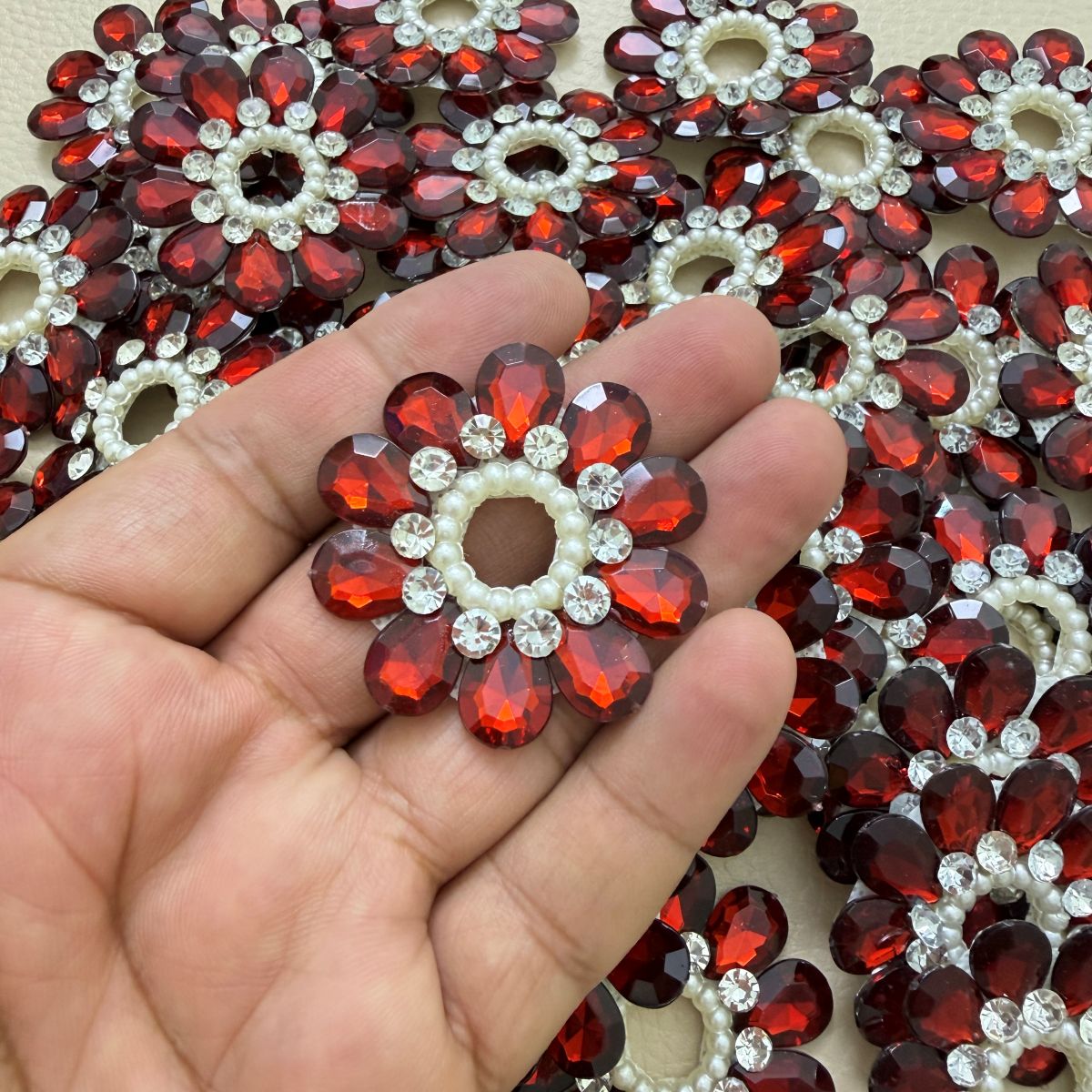 Red Crystal Flower Patch with Pearl Cut-Out Centre