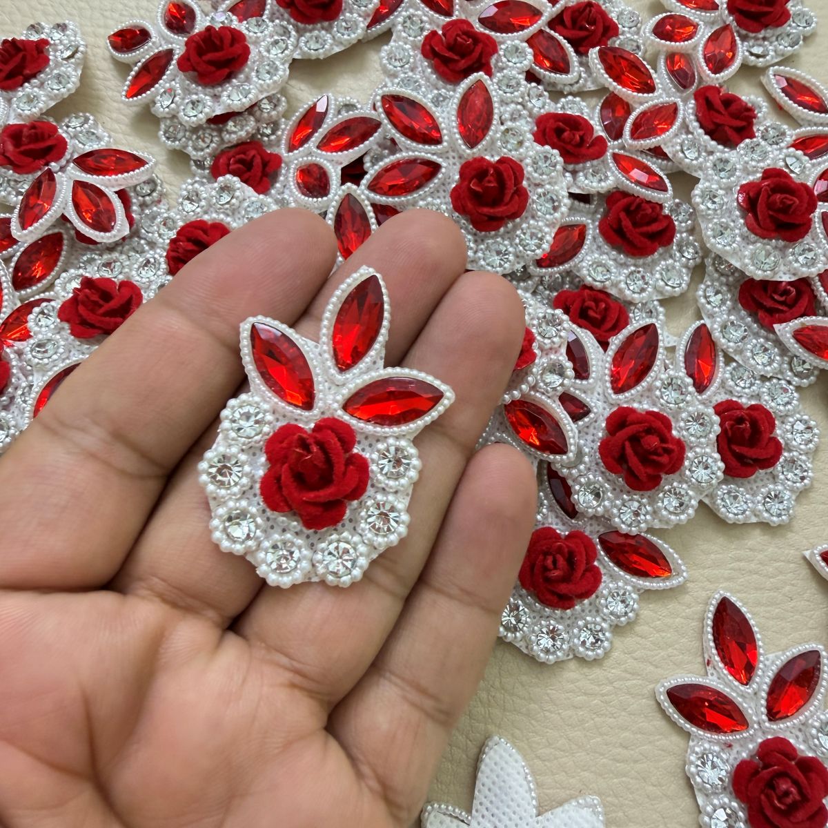 Red Rose Crystal & Pearl Embellishment Patch