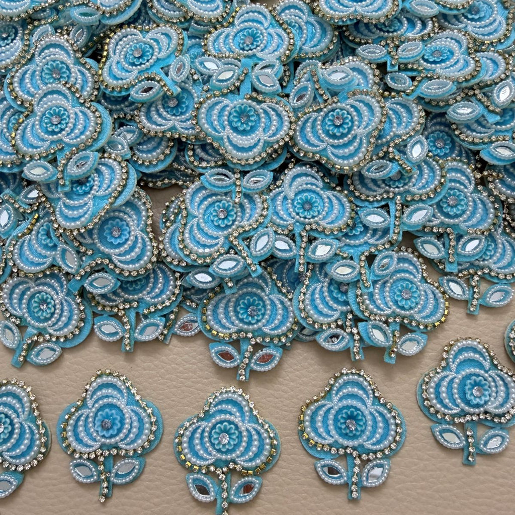 Turquoise Flower Patch with Pearl & Rhinestone Embellishment – Set of 10