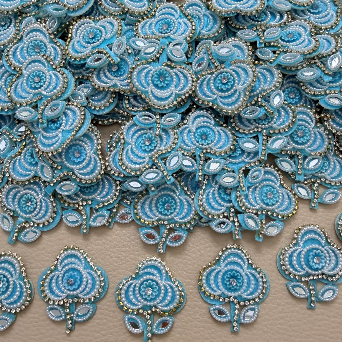 Turquoise Flower Patch with Pearl & Rhinestone Embellishment – Set of 10