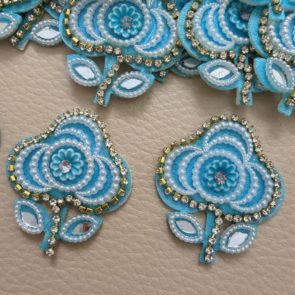 Turquoise Flower Patch with Pearl & Rhinestone Embellishment – Set of 10