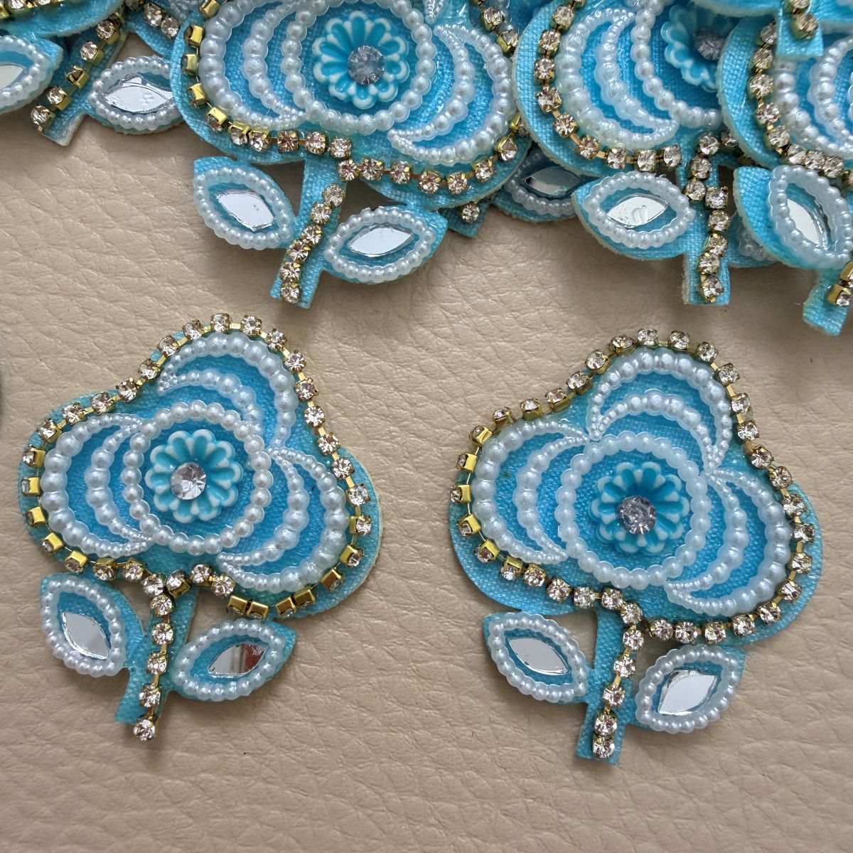 Turquoise Flower Patch with Pearl & Rhinestone Embellishment – Set of 10
