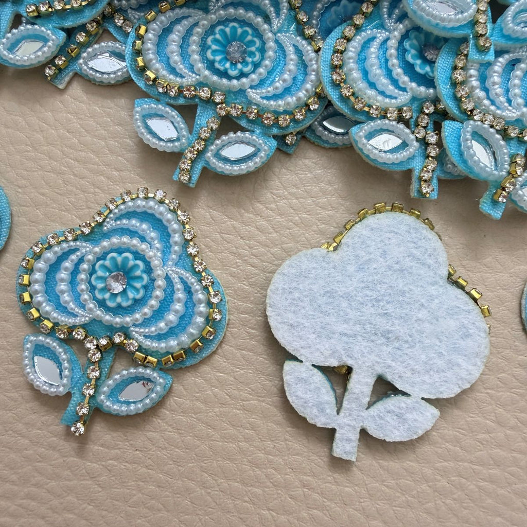 Turquoise Flower Patch with Pearl & Rhinestone Embellishment – Set of 10