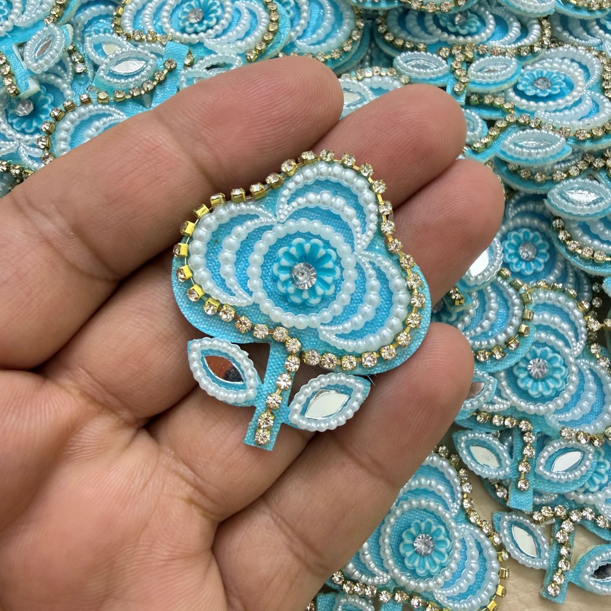 Turquoise Flower Patch with Pearl & Rhinestone Embellishment – Set of 10