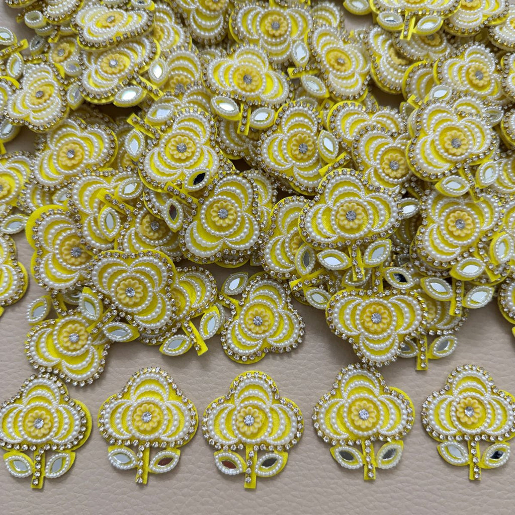 Yellow Flower Patch with Pearl & Rhinestone Embellishment – Set of 10