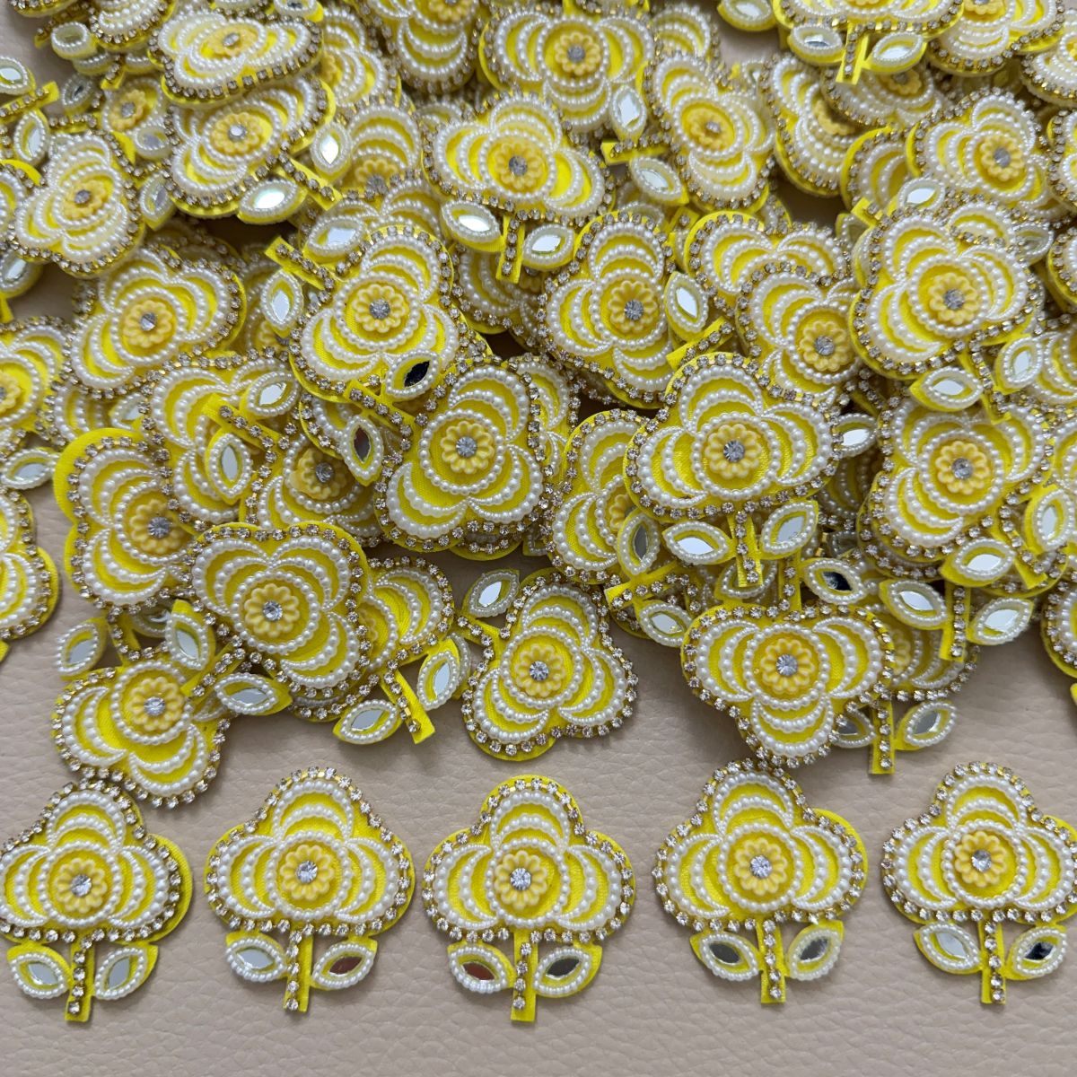 Yellow Flower Patch with Pearl & Rhinestone Embellishment – Set of 10