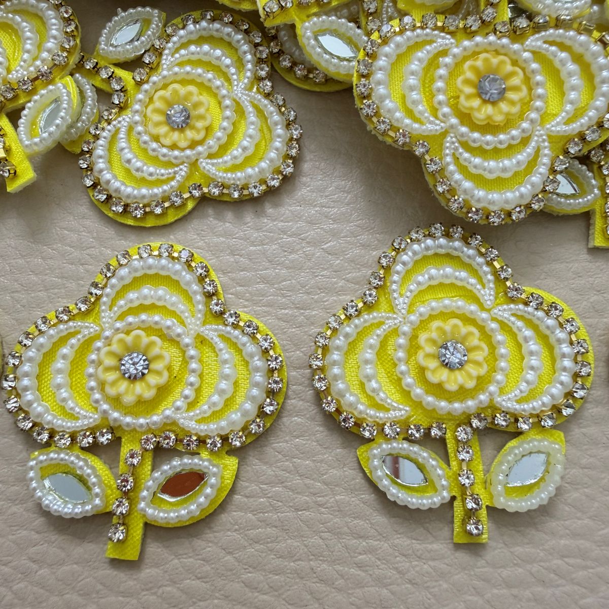 Yellow Flower Patch with Pearl & Rhinestone Embellishment – Set of 10