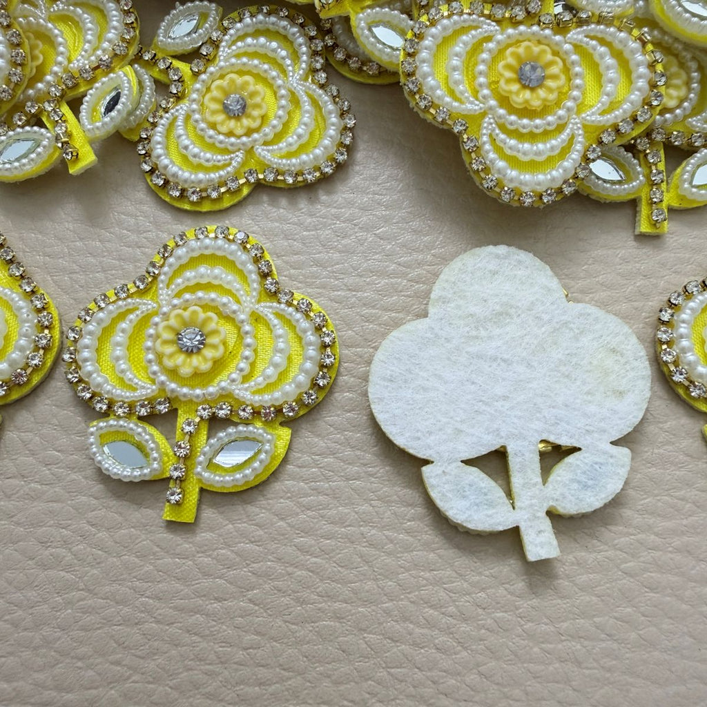 Yellow Flower Patch with Pearl & Rhinestone Embellishment – Set of 10