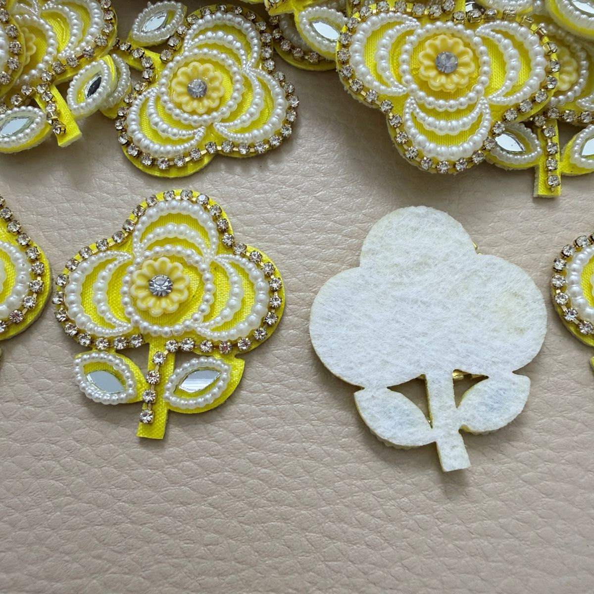 Yellow Flower Patch with Pearl & Rhinestone Embellishment – Set of 10