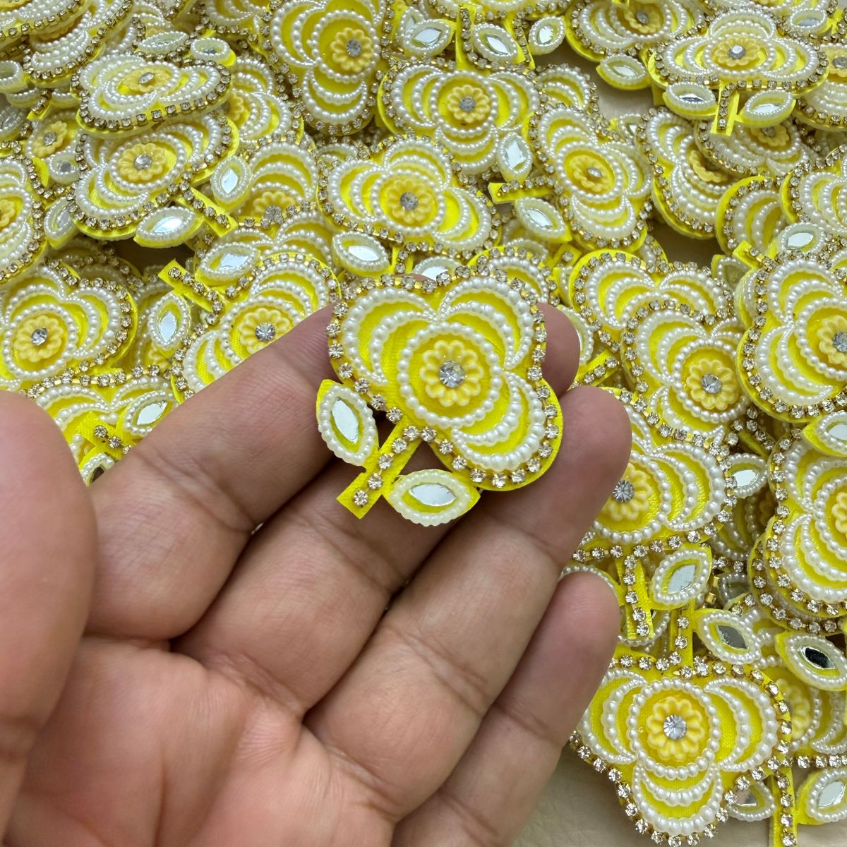 Yellow Flower Patch with Pearl & Rhinestone Embellishment – Set of 10