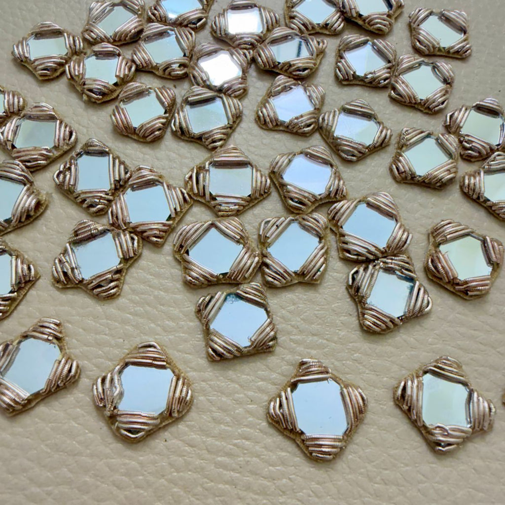 Antique gold square mirror applique patches – close-up view
