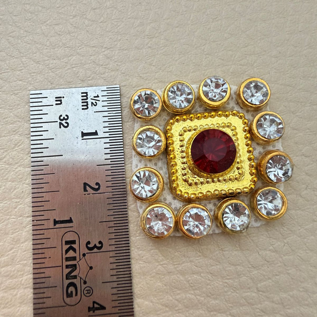 Group of square ruby red rhinestone patches with gold-tone frames and clear stones