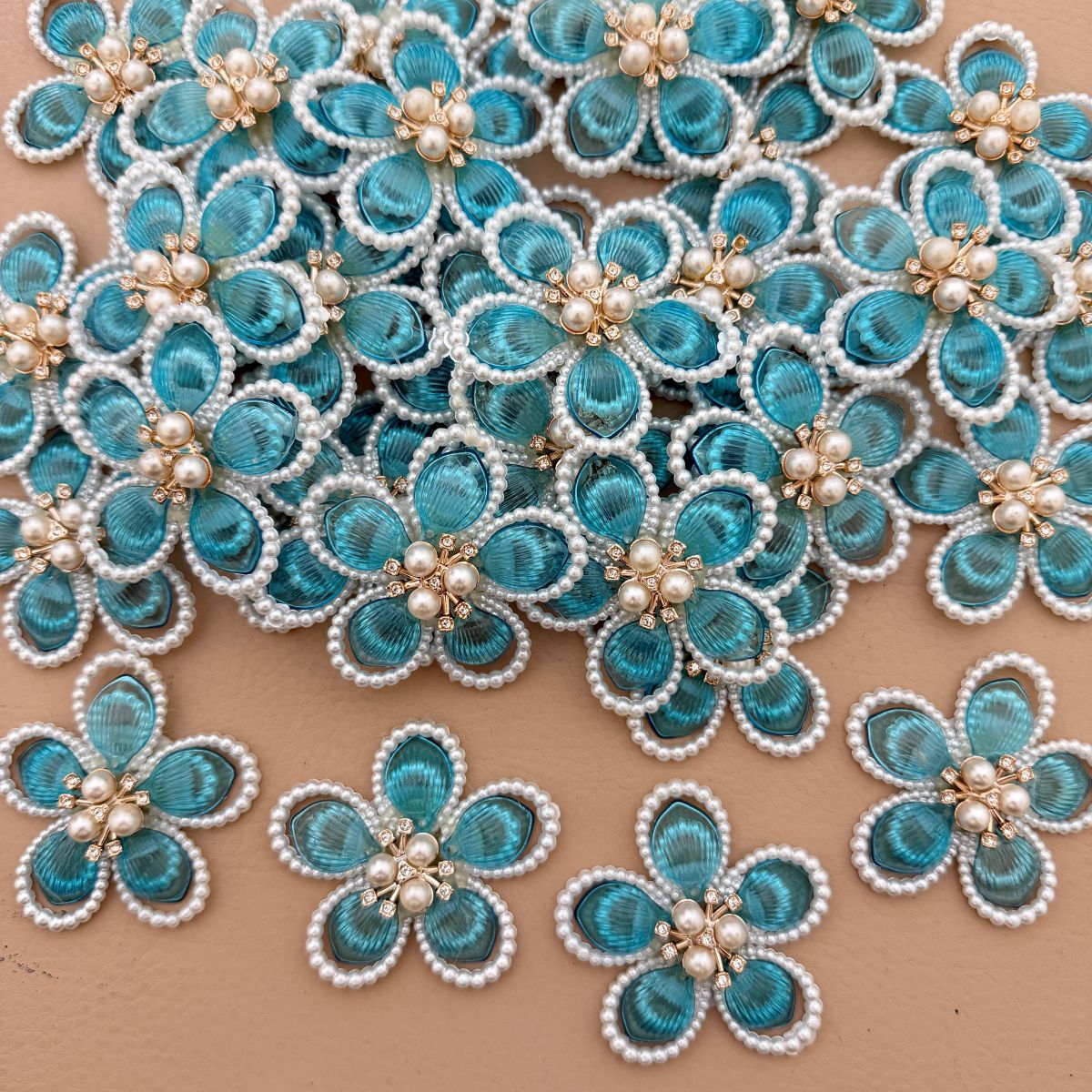 Pearl & Crystal Flower Patch – Teal Blue