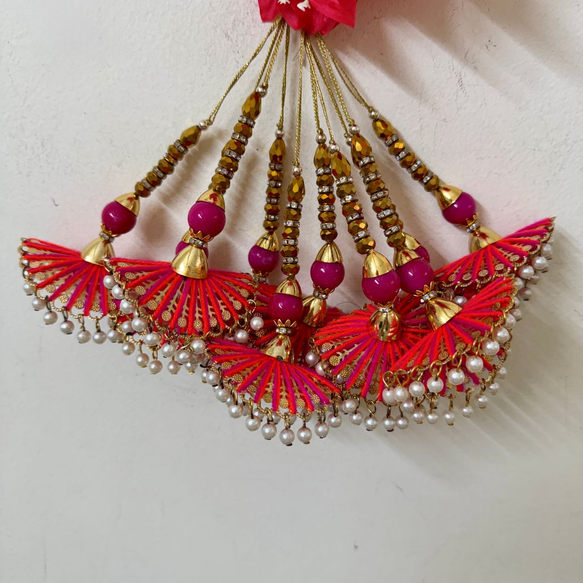 Pink Red Tassel Latkan with Pearl Drops pack of 2