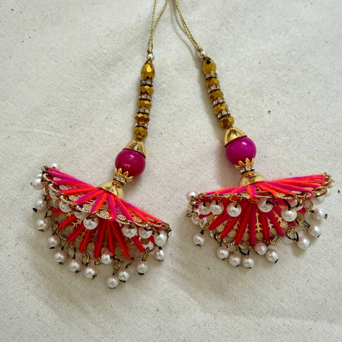 Pink Red Tassel Latkan with Pearl Drops pack of 2