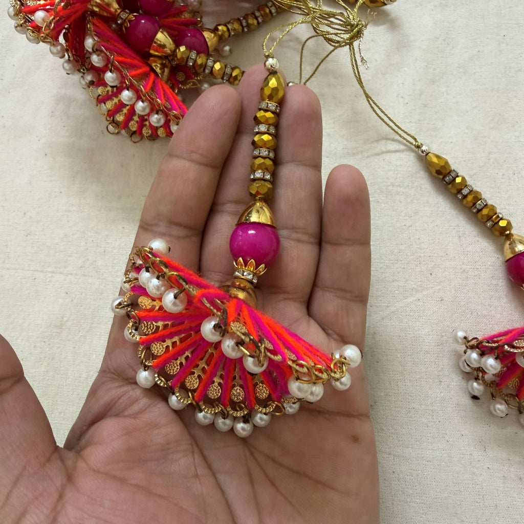 Pink Red Tassel Latkan with Pearl Drops pack of 2