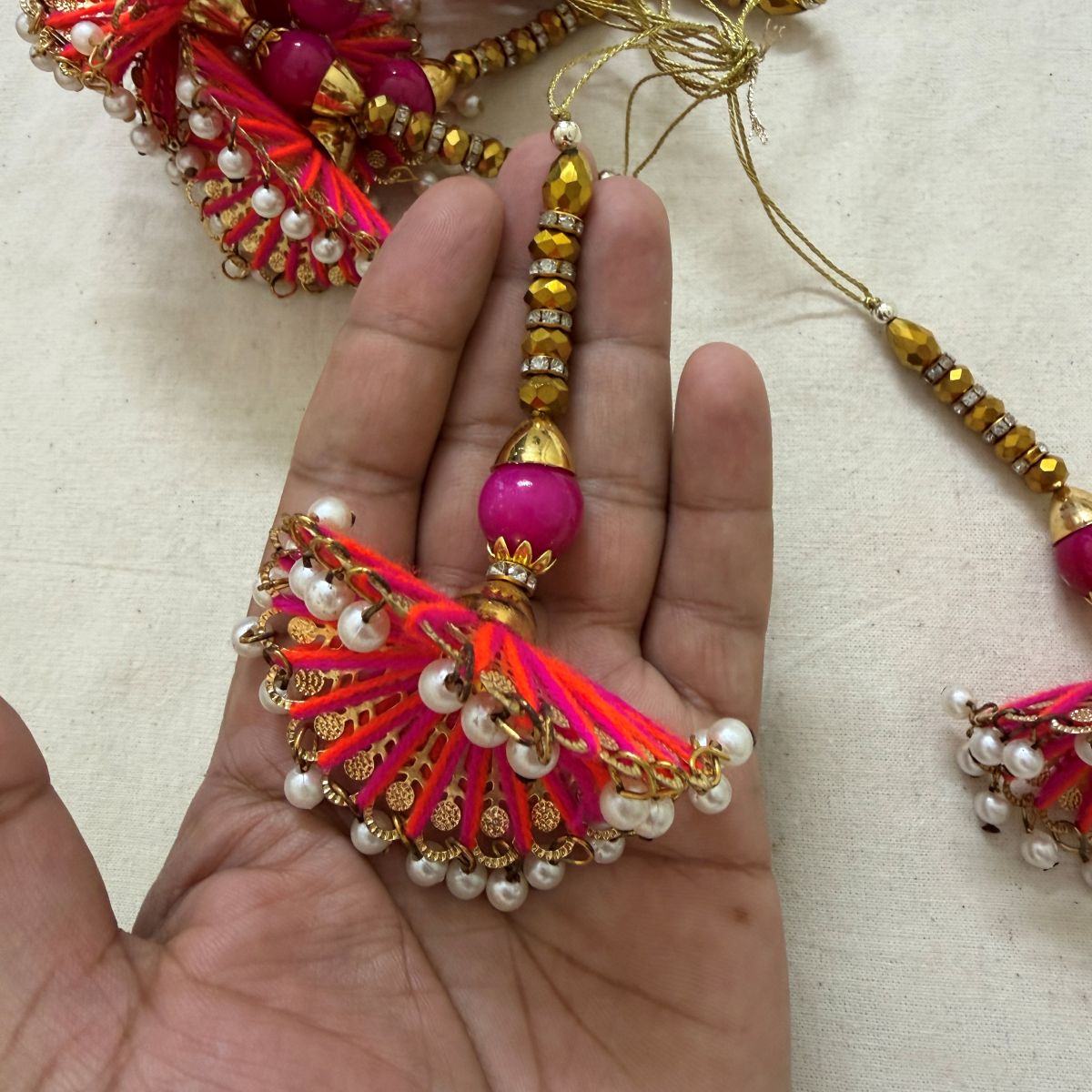 Pink Red Tassel Latkan with Pearl Drops pack of 2