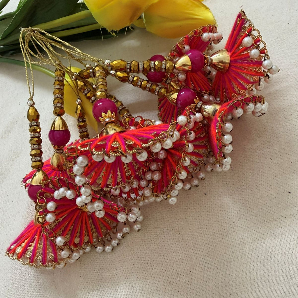 Pink Red Tassel Latkan with Pearl Drops pack of 2
