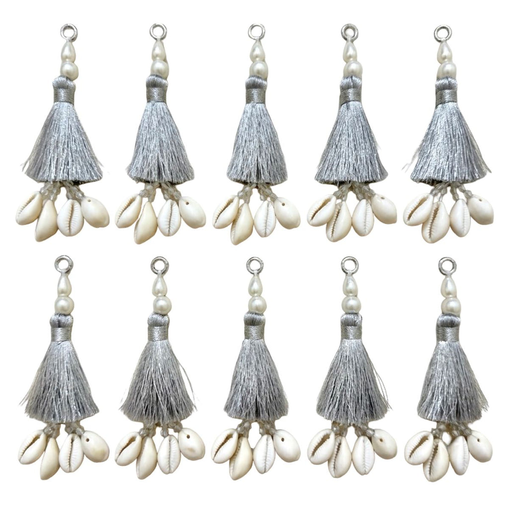 Silver Pearl Cowrie Shell Tassel Latkan – 10 Pcs