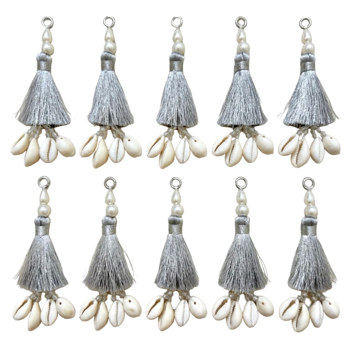 Silver Pearl Cowrie Shell Tassel Latkan – 10 Pcs