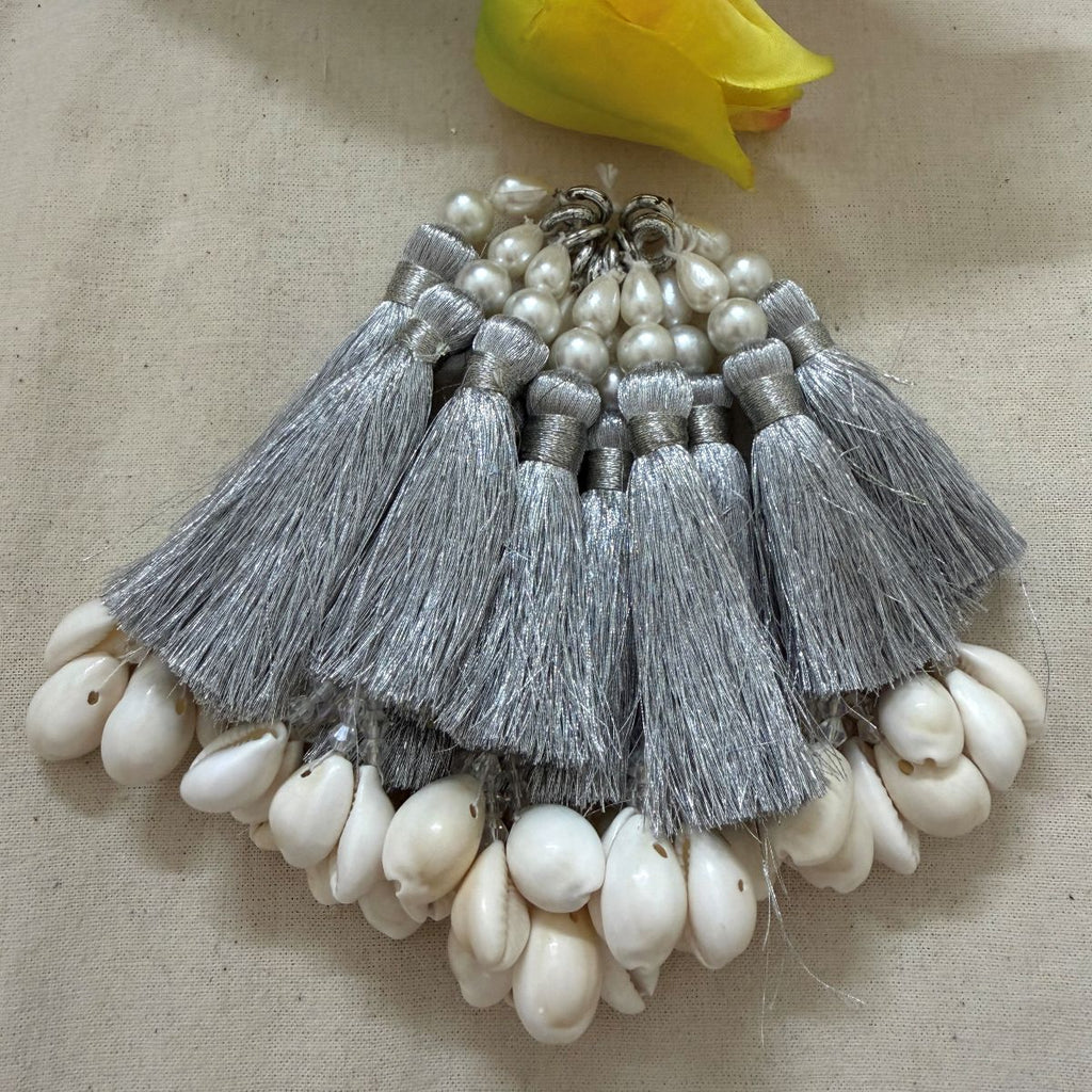 Silver Pearl Cowrie Shell Tassel Latkan – 10 Pcs