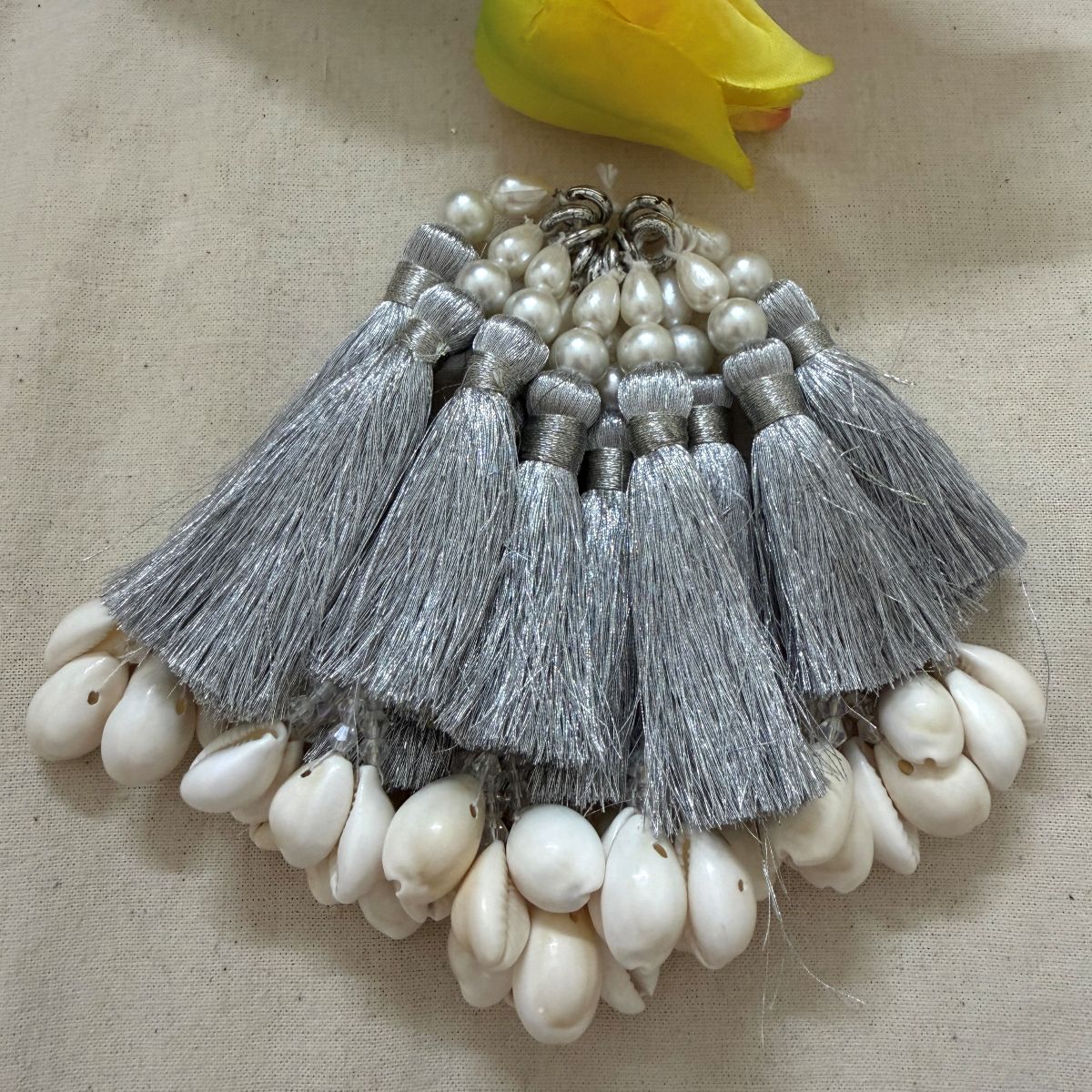 Silver Pearl Cowrie Shell Tassel Latkan – 10 Pcs