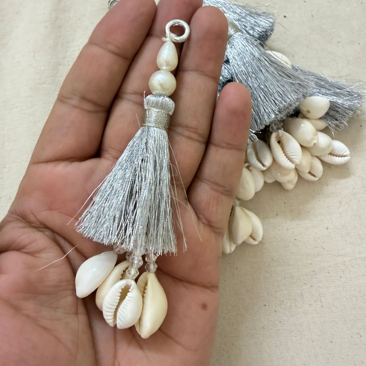 Silver Pearl Cowrie Shell Tassel Latkan – 10 Pcs