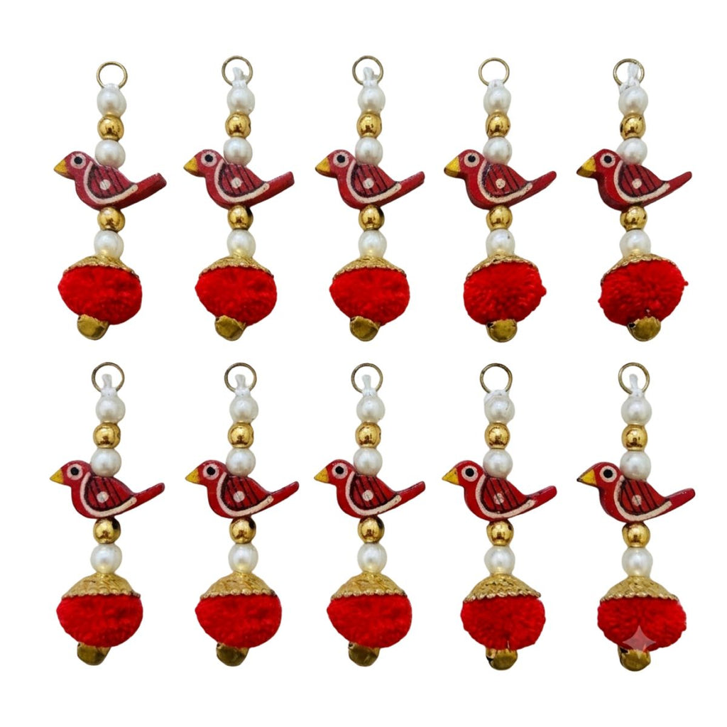 Red Bird Pom Pom Tassel Latkan - 10 Pcs