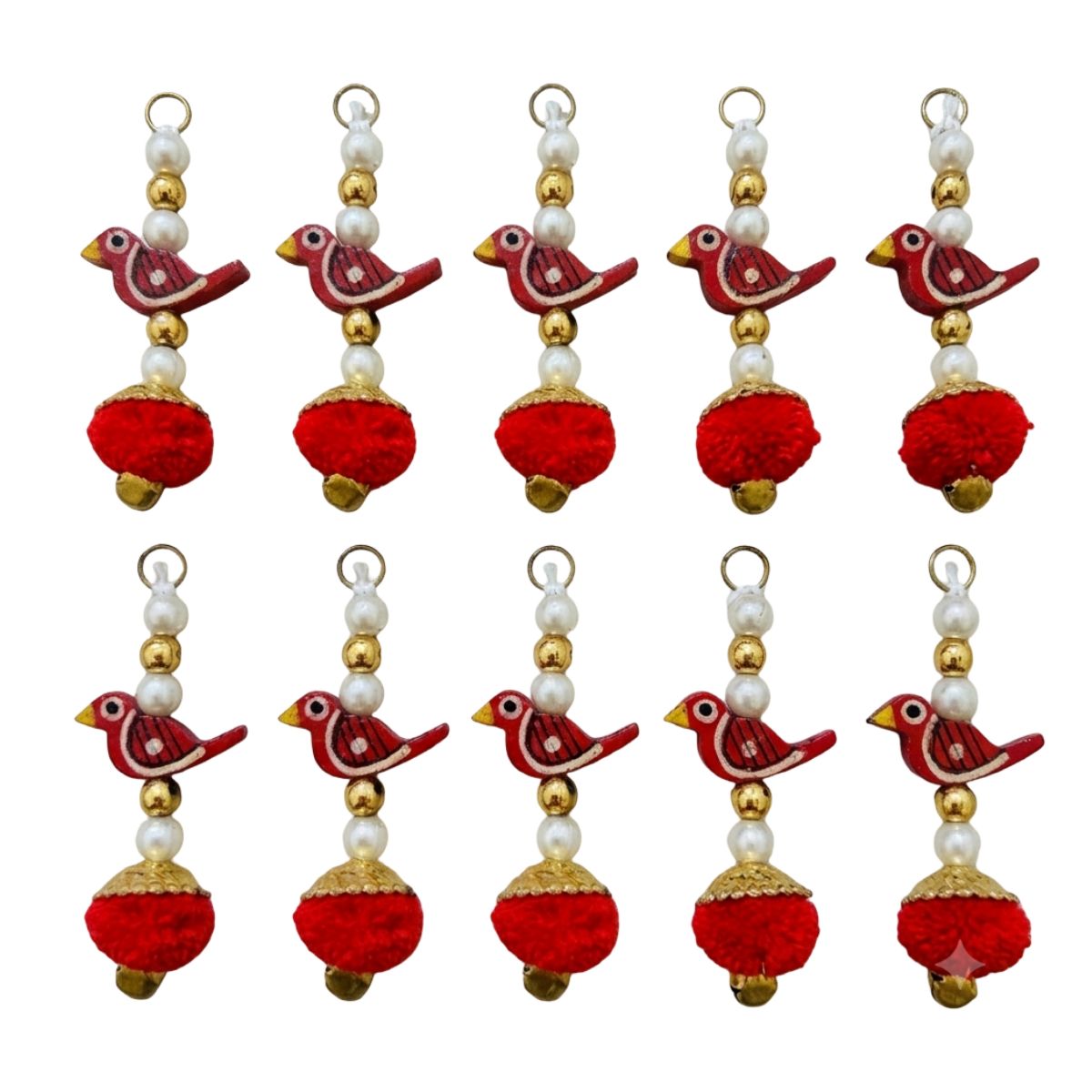 Red Bird Pom Pom Tassel Latkan - 10 Pcs