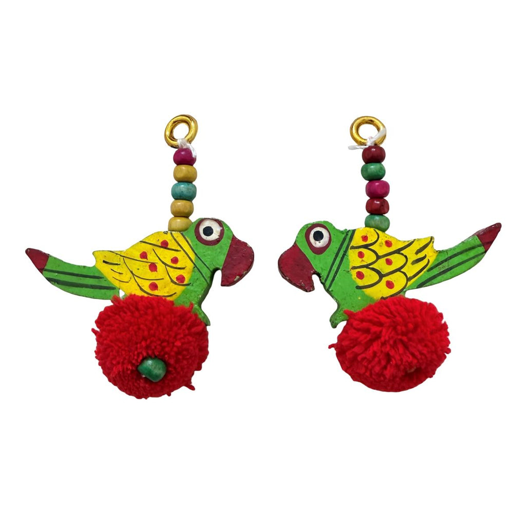 Handcrafted Wooden Parrot Charm with Red Pom Pom - 1 Pair