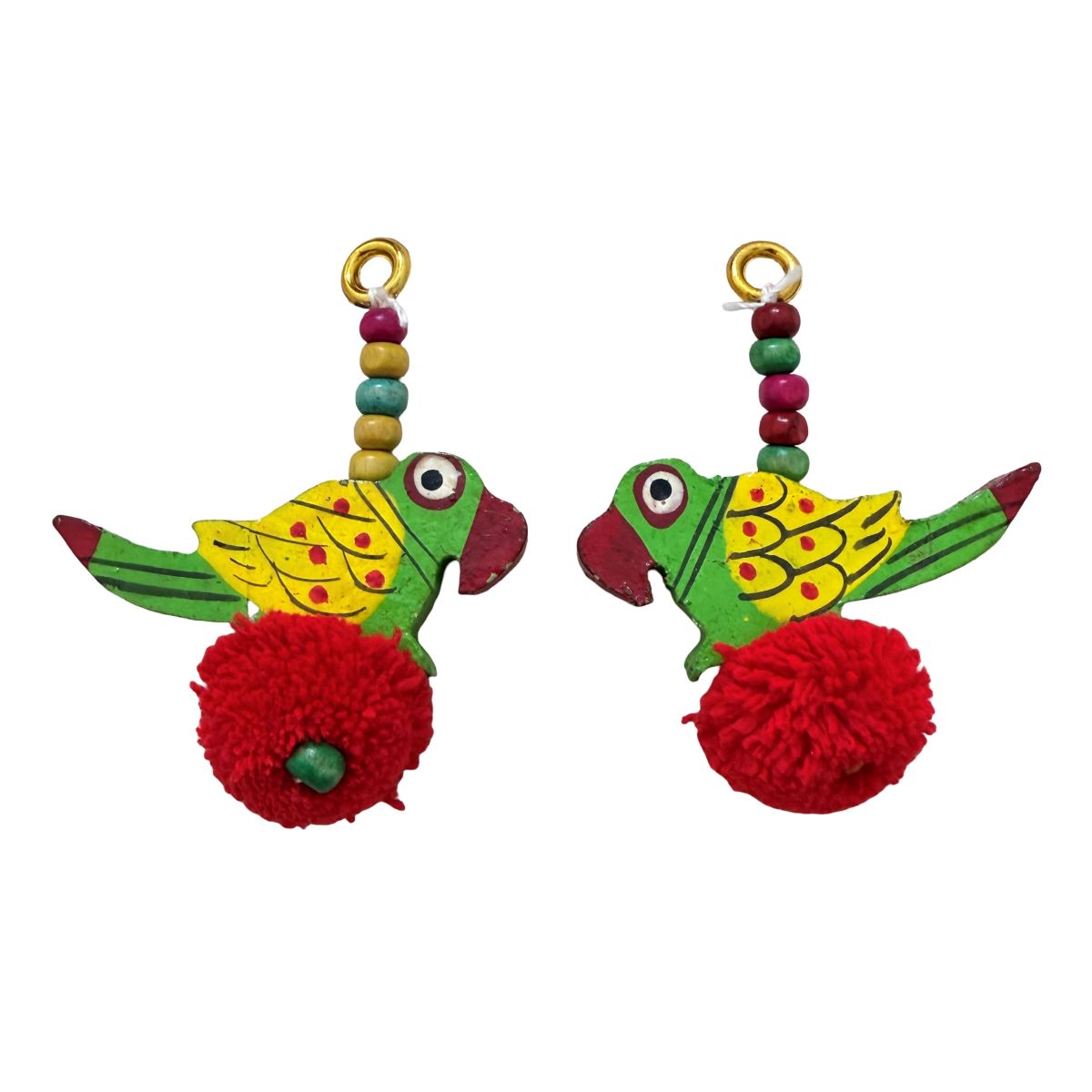 Handcrafted Wooden Parrot Charm with Red Pom Pom - 1 Pair