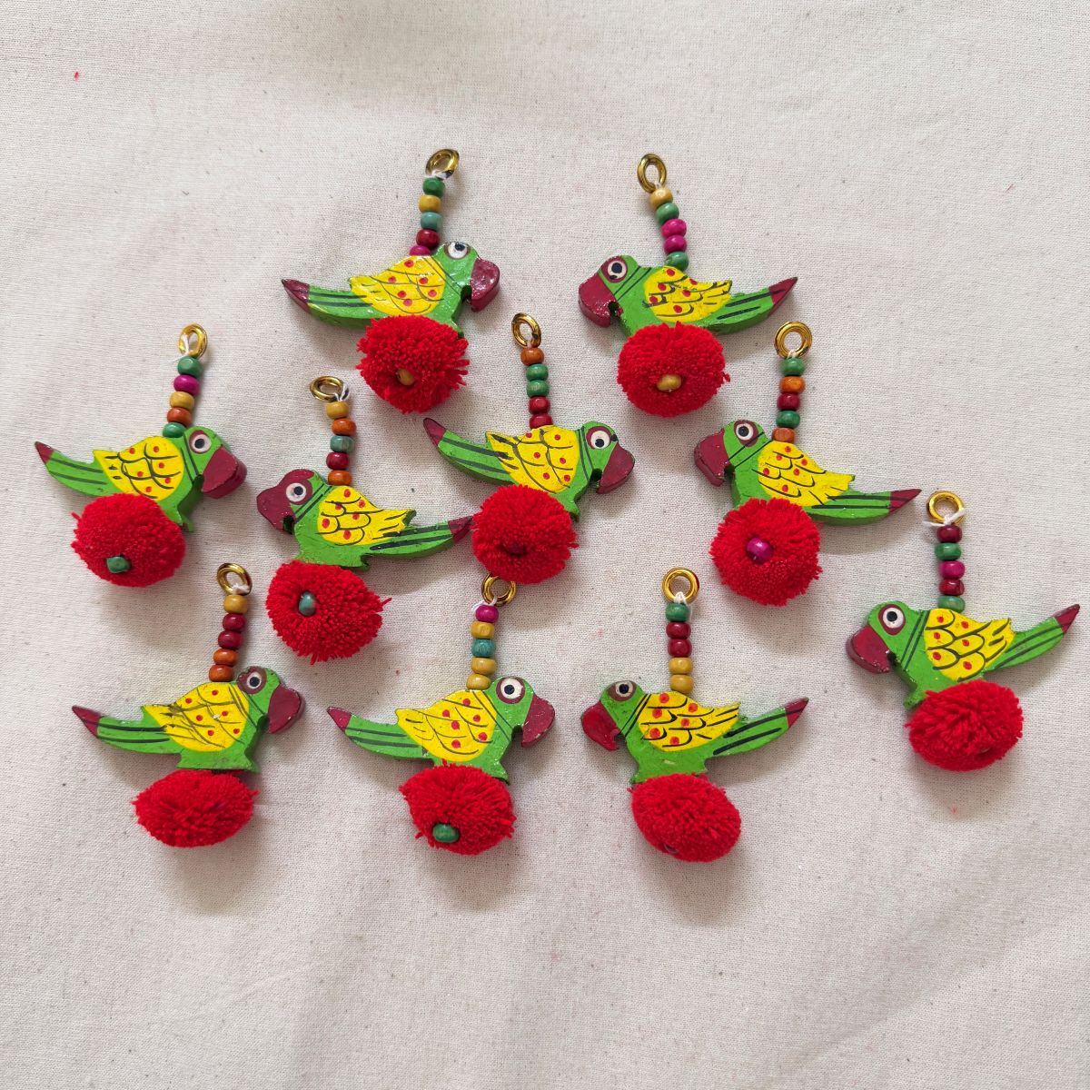 Handcrafted Wooden Parrot Charm with Red Pom Pom - 1 Pair