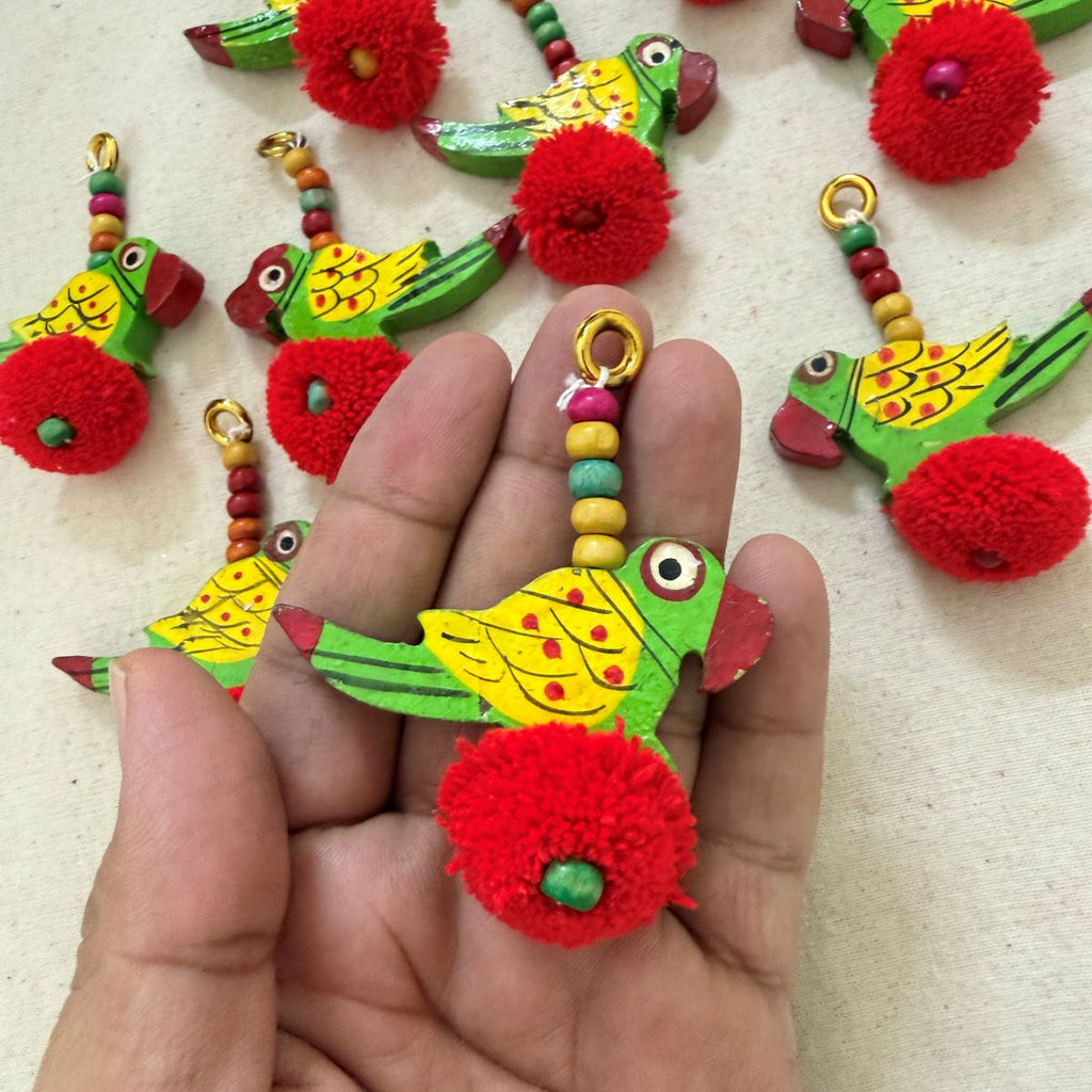 Handcrafted Wooden Parrot Charm with Red Pom Pom - 1 Pair