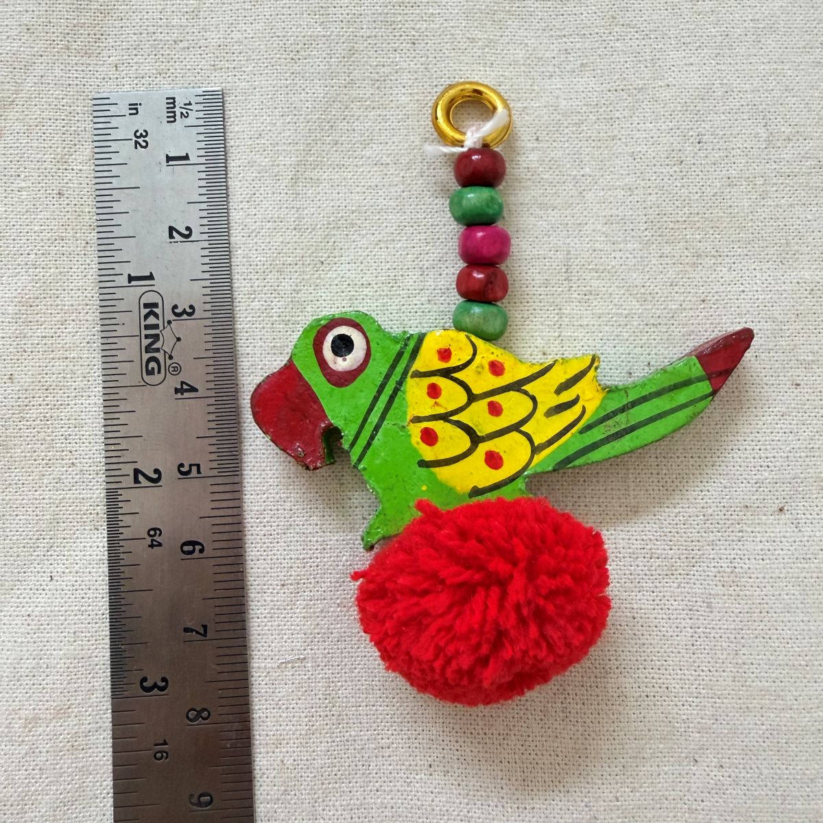 Handcrafted Wooden Parrot Charm with Red Pom Pom - 1 Pair