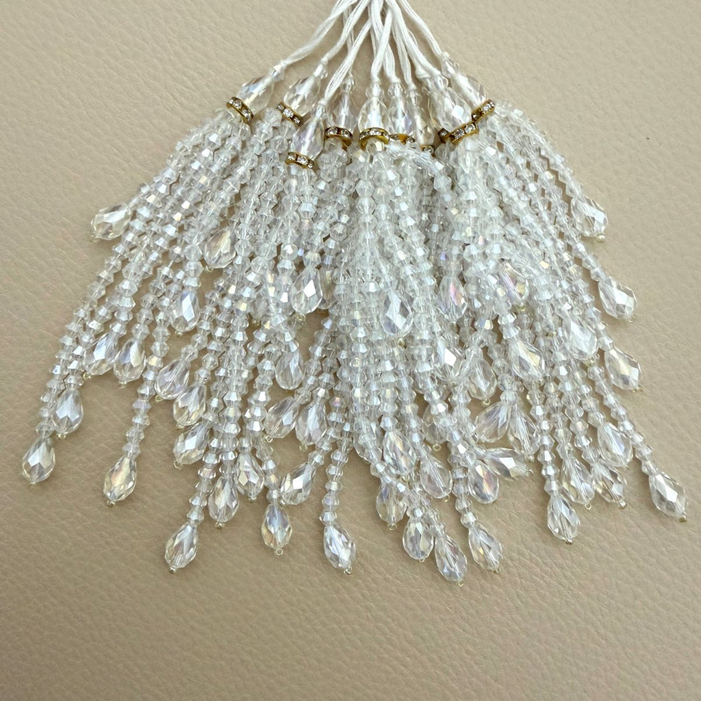 Close view of graduated beaded strands with faceted teardrop tips
