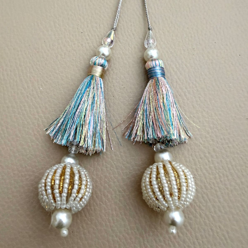 Pastel multicolor thread latkan tassel with pearl-look beads and white-gold beaded ball drop