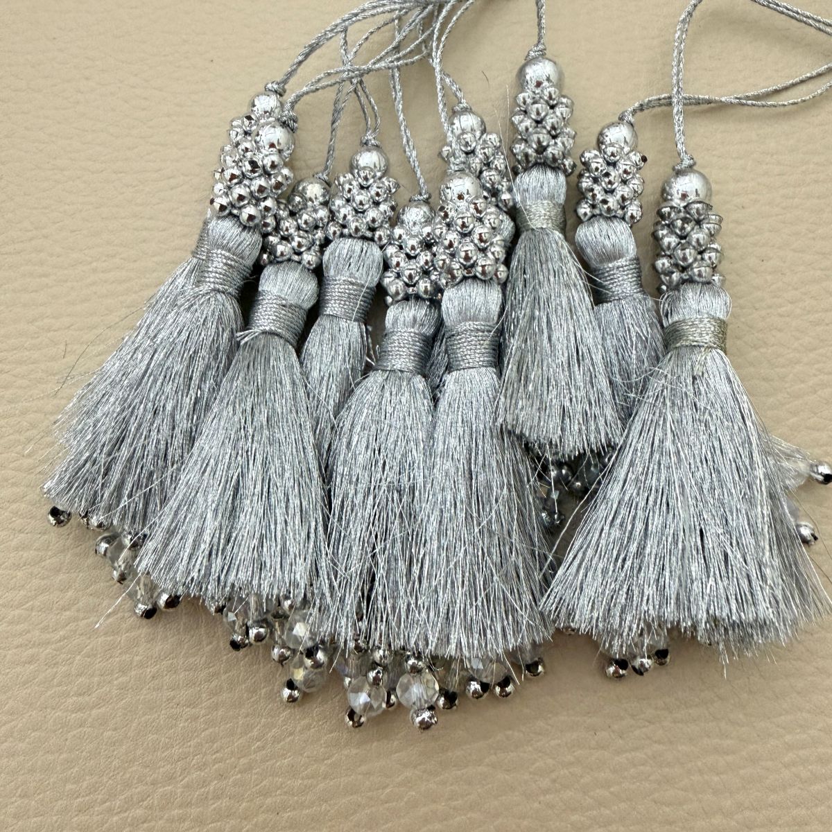 Silver Grey Silk Thread Tassel with Beaded Cap – Set of 10
