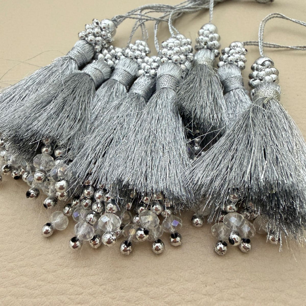 Silver Grey Silk Thread Tassel with Beaded Cap – Set of 10