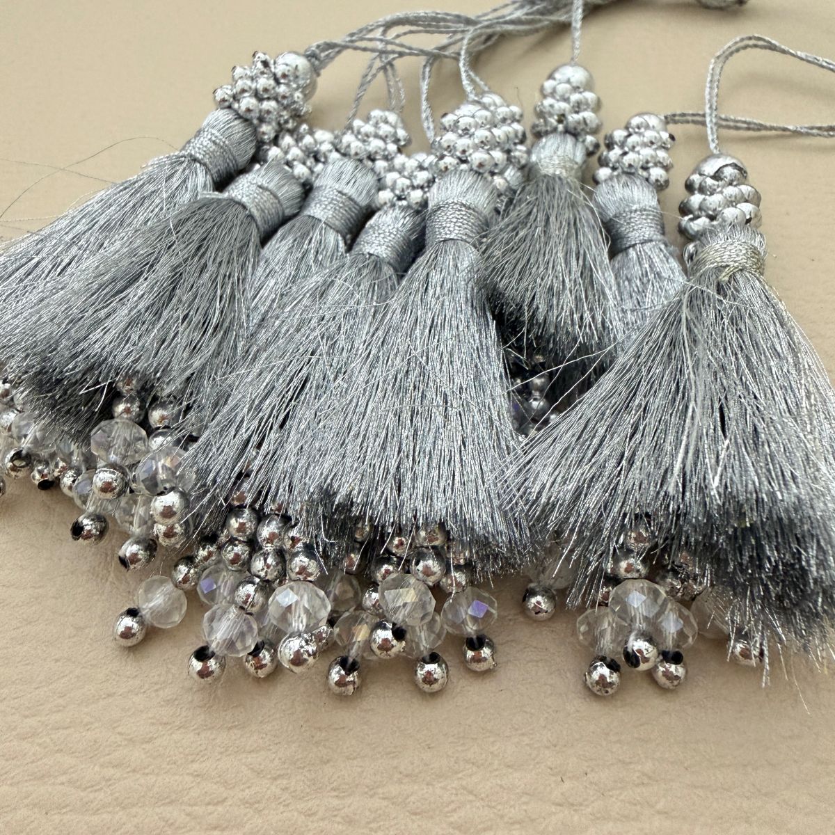 Silver Grey Silk Thread Tassel with Beaded Cap – Set of 10