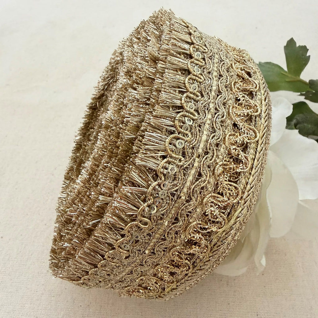Gold Metallic Fringe Lace Trim with Scrollwork Braid – 9 Yards Roll