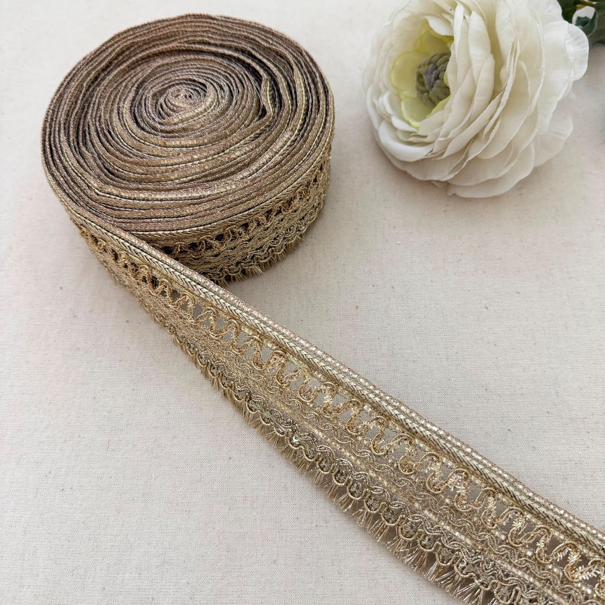 Gold Metallic Fringe Lace Trim with Scrollwork Braid – 9 Yards Roll