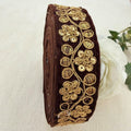 Brown Velvet Gold Zari Sequin Floral Lace Trim – 9 Yards Roll