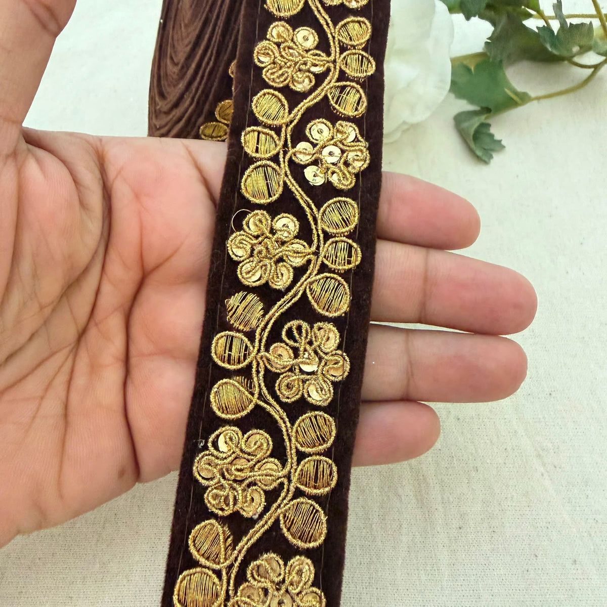 Brown Velvet Gold Zari Sequin Floral Lace Trim – 9 Yards Roll