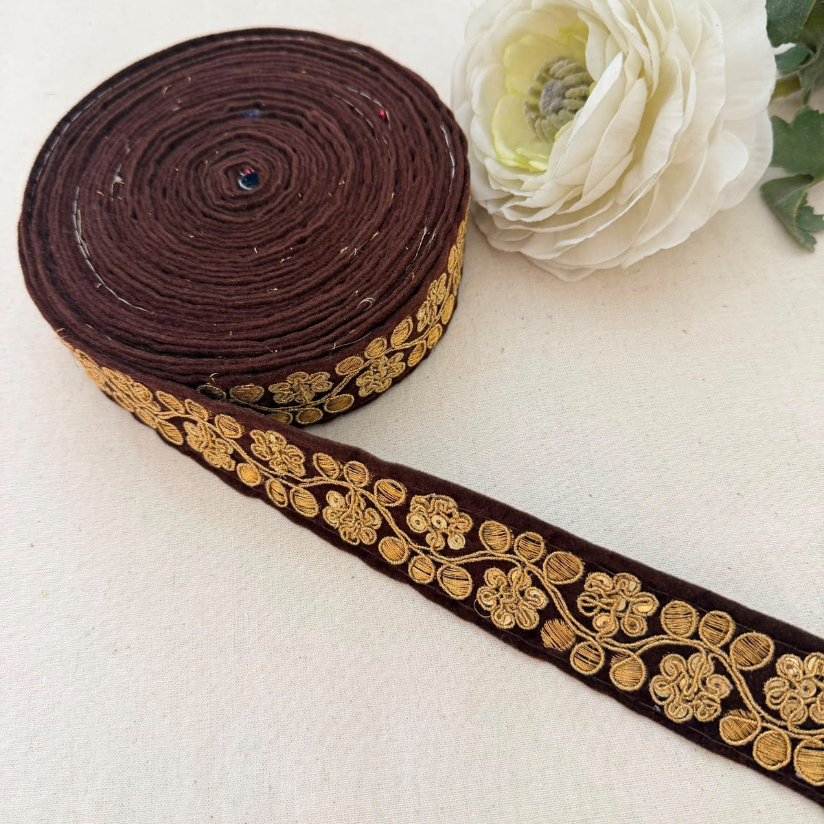 Brown Velvet Gold Zari Sequin Floral Lace Trim – 9 Yards Roll