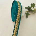 Teal Velvet Gold Zari Coin Lace Trim – 9 Yards Roll