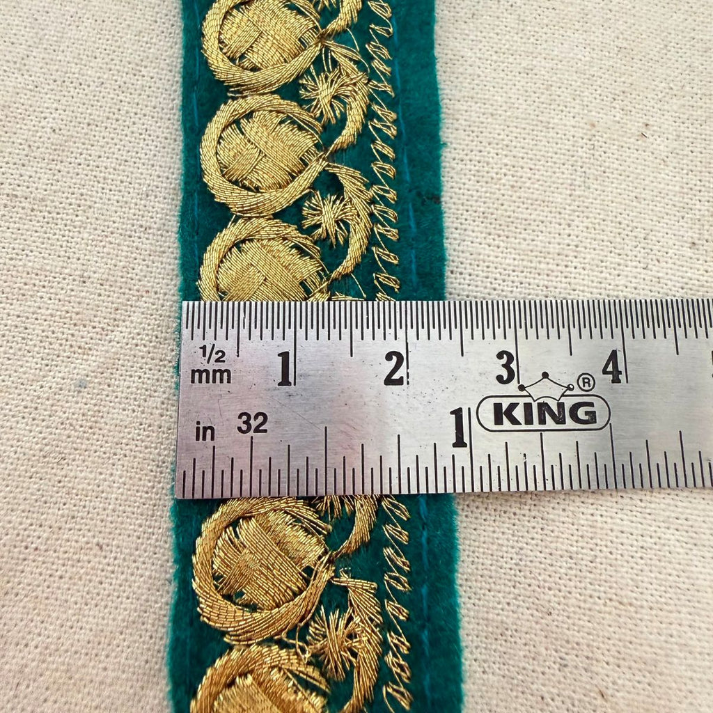 Teal Velvet Gold Zari Coin Lace Trim – 9 Yards Roll